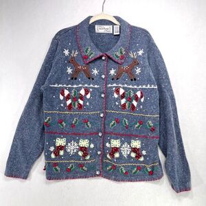 Sarah Bentley Cardigan Women Large Blue Christmas Embroidered Applique